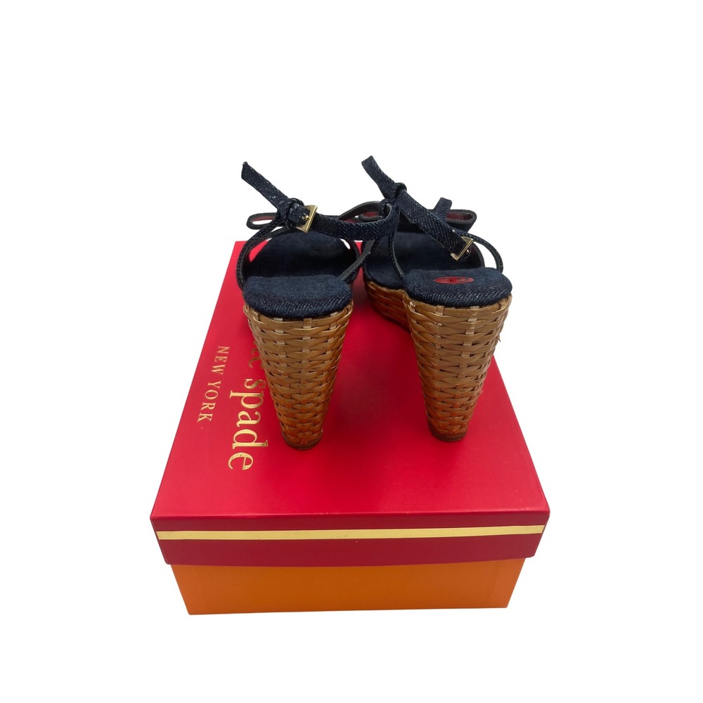 Kate Spade New York Den Wicker Wedge Sandals Bow T-Strap Blue Size 6.5 G5L76F - Picture 3 of 6